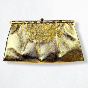 Gold Clutch Purse Cocktail Handbag w/ Gold Chain Strap Threaded Floral Design